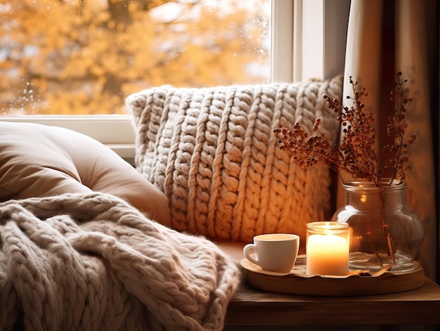 Gezellig winterinterieur met gebreide dekens en kussens vakantiehuis in warm houtvuur