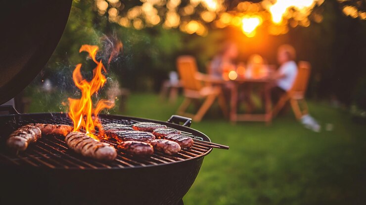 Foto gezellige achtertuin grill sessie bij zonsondergang
