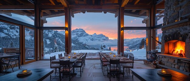 Gezellige alpine lodge eetkamer met panoramisch uitzicht op de bergen en een knarrende open haard