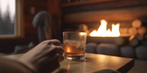 Gezellige avond in een houten hut met een warm drankje bij het vuur