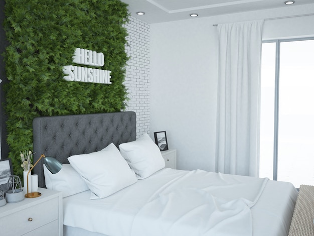 Gezellige bakstenen slaapkamer met muur gemaakt van planten
