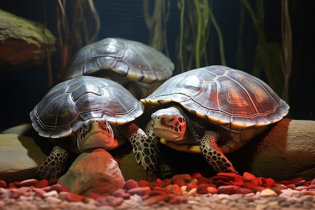 Gezellige basking schildpadden samen onder de warmtelamp