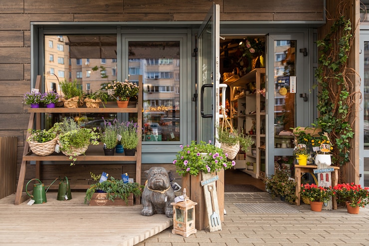 Gezellige bloemenwinkel met planken met bloemen en tuindecoraties