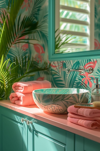 Foto gezellige caribische geïnspireerde badkamer met tropisch gebladerte bamboe acc interieur lay-out creatief decor