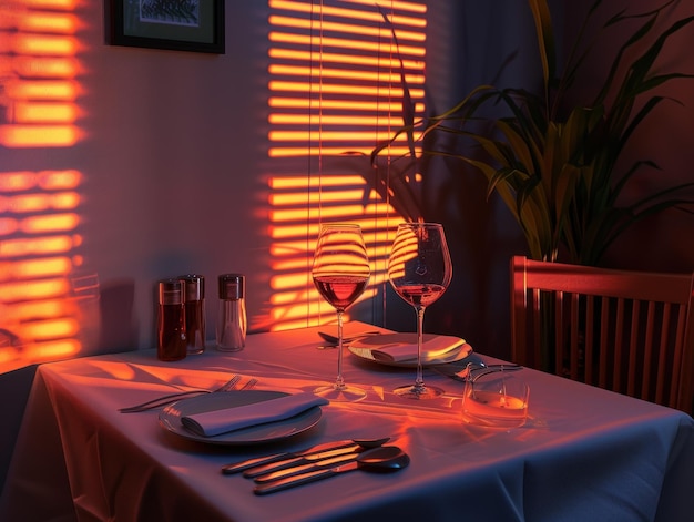 Foto gezellige diner setup warm licht werpen schaduwen op de tafel