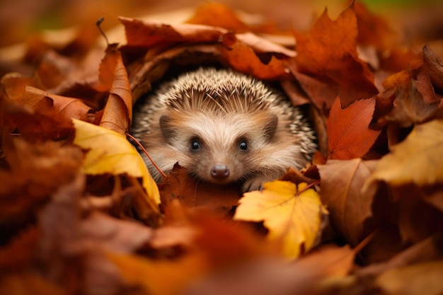 Gezellige egel die zich verbergt in de herfstbladeren