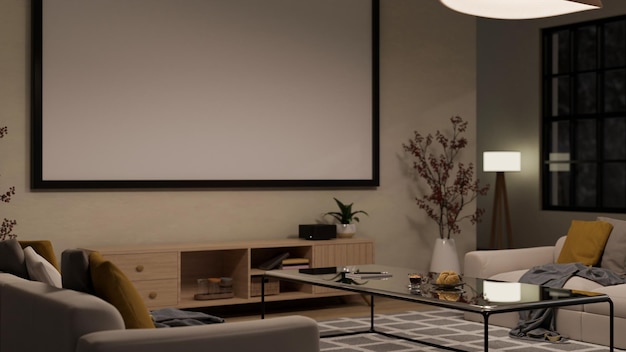 Gezellige eigentijdse woonkamer 's nachts met comfortabele bank moderne salontafel