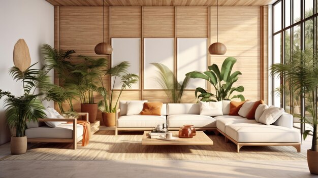 Gezellige elegante boho stijl woonkamer interieur in natuurlijke kleuren comfortabele bank met kussens veel