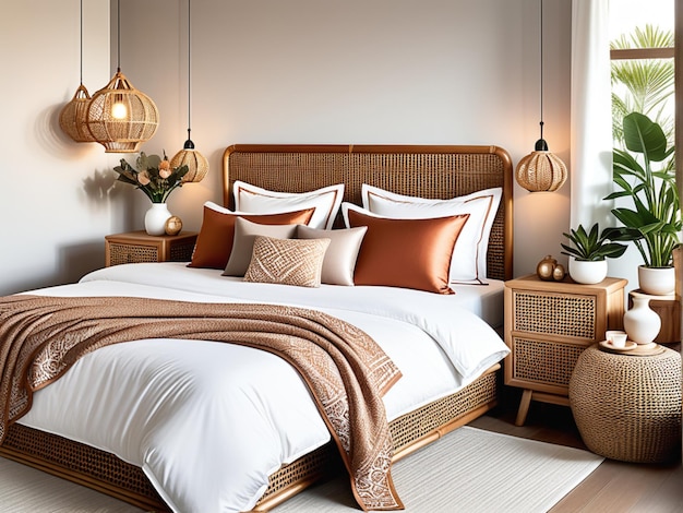 Gezellige en elegante slaapkamer met groot bed mooie beddengoed houten nachtkastje en rattan huis decoratie