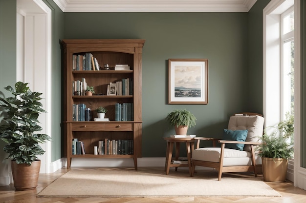 gezellige en moderne woonkamer met houten boekenplank en planten