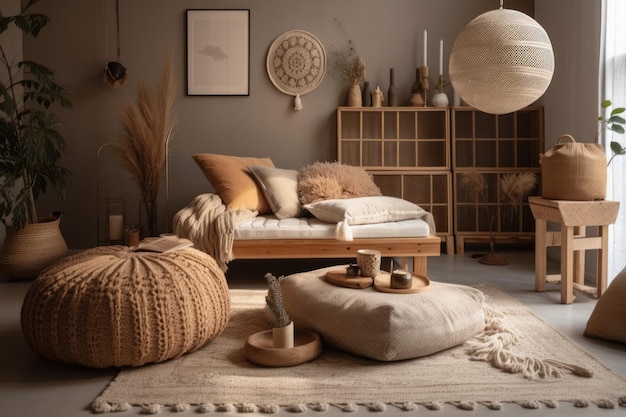 Gezellige en rommelige woonkamer gevuld met verschillende meubels en decor Generatieve AI