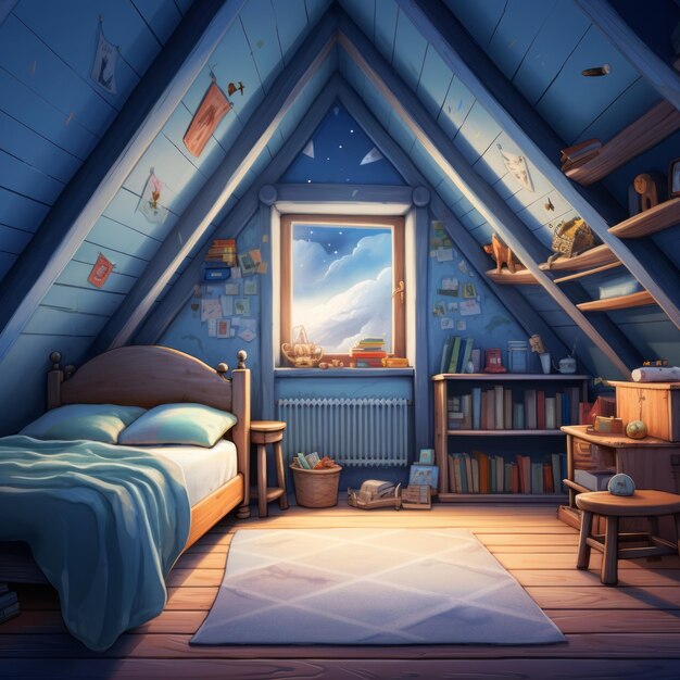 Gezellige en subtiele kinderkamer in sublieme blauwe tinten Een object van PixarStyle illustraties wi