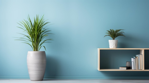 Gezellige fauteuilplanken en kamerplanten bij een blauwe muur