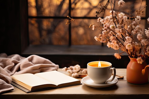 Gezellige foto Kopje thee of koffie boek en deken op tafel bij raam herfst of winter generatieve AI