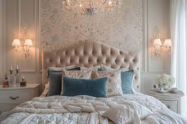 Foto gezellige franse geïnspireerde boudoir met tufted velvet headboard crystal interior layout creatief decor