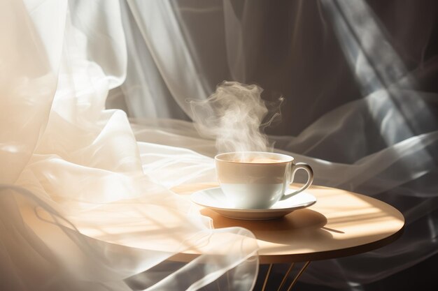 Gezellige heldere foto Een kopje koffie bij de raambloemen