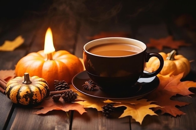 gezellige herfst warme kop thee pompoenen herfst bladeren kegels gezellige sjaal op rustieke houten tafel op