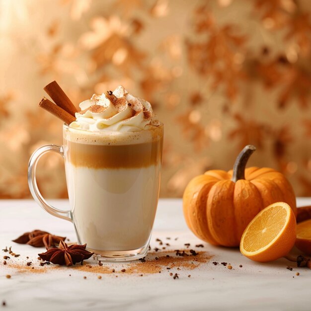 Gezellige herfstdrank pompoen specerijen latte geserveerd met kaneel stok voor sociale media Postgrootte