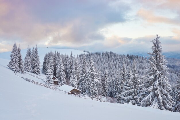 Gezellige houten hut hoog in de besneeuwde bergen.