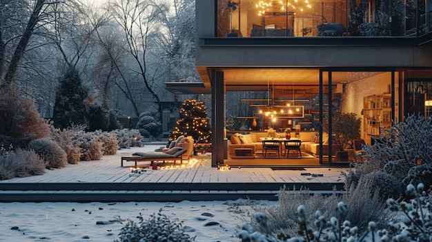 gezellige houten stoelen op het terras van het landhuis in het winterbos en het drinken van warme thee vroeg in de avond warm licht van het grote raam genieten van de winter natuur