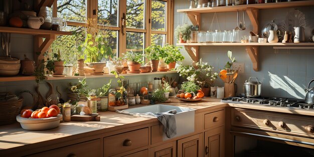 Foto gezellige huiskamer keuken in houten stijl met amny toold decoratie kan worden gebruikt als mock up of architectuur templare scène