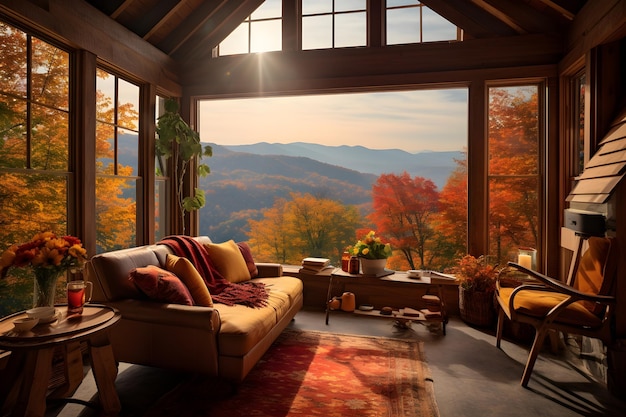 gezellige hut genesteld in de bergen, omringd door levendig herfstgebladerte voor een rustige equinox