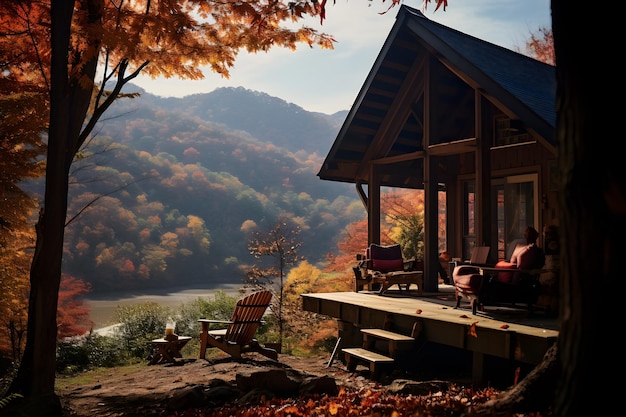gezellige hut genesteld in de bergen, omringd door levendig herfstgebladerte voor een rustige equinox