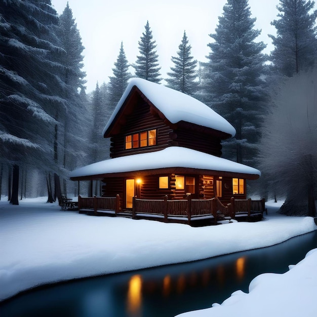 Gezellige hut Genesteld in een besneeuwd winterlandschap