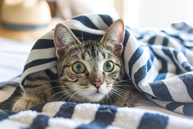 Gezellige kat met groene ogen kijkt van onder de deken