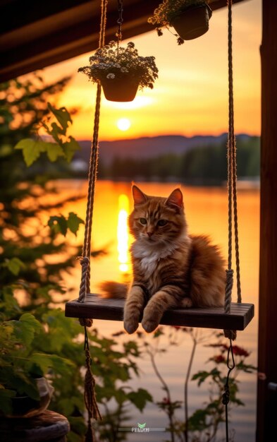 Foto gezellige kat op de veranda swing tranquil lake