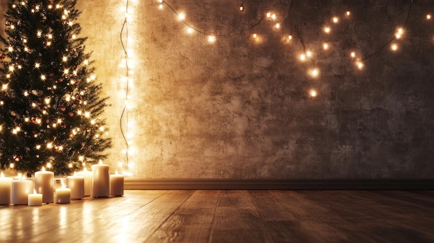 Gezellige kerstavond Verlicht kerstboom met sprookjesverlichting en kaarsen tegen een rustieke muur