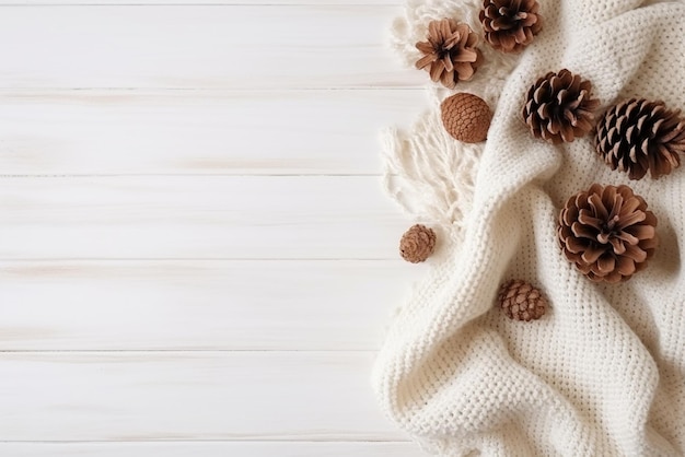 Gezellige kerstcompositie met cadeau gebreide deken dennenappels en dennentakken op witte houten bac
