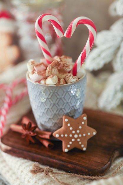 Gezellige kerstcompositie met een kopje en koekjes. Warme chocolademelk met marshmallow.