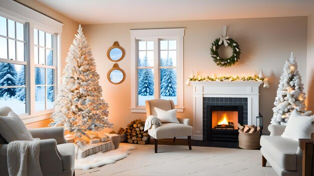 Foto gezellige kerstscene met decoraties een warme open haard en een kerstboom vrolijk kerstfeest vol