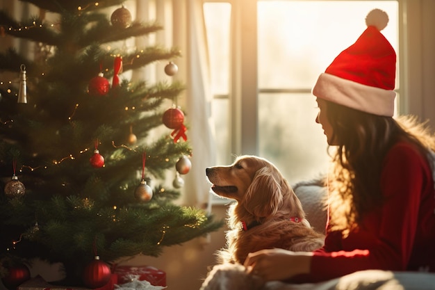 Gezellige kerstscène met een vrouw en haar hond voor een versierde boom AI Generated content