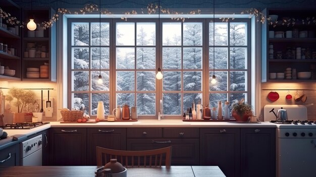 Gezellige keuken met groot raam met uitzicht op winterbos Scandinavische stijl AI generatief