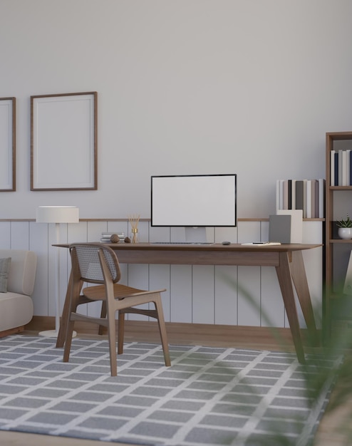 Gezellige minimale Scandinavische woonkamer met werkruimtecomputermodel op tafel