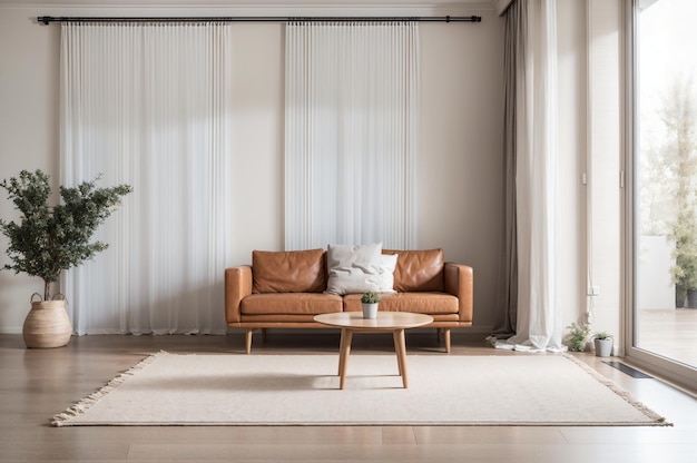 gezellige minimalistische midcentury moderne stijl woonkamer met een bruine lederen bank en een plant