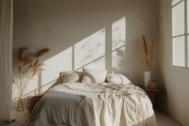 Gezellige minimalistische slaapkamer in het warme ochtendlicht