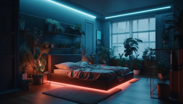 Gezellige moderne slaapkamer met heldere elektrische lamp gegenereerd door AI