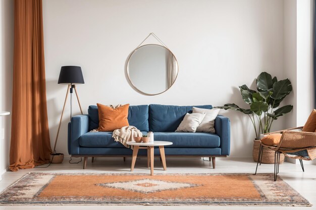 gezellige moderne woonkamer met een blauwe bank en oranje accenten