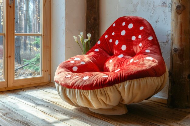 Foto gezellige nieuwigheid paddenstoel in de vorm van een paddenstok in een rustieke hut interieur door vensterlicht