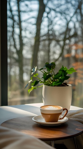 Gezellige ochtendkoffie met uitzicht op het rustige bos