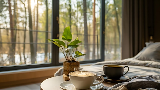 Gezellige ochtendkoffie met uitzicht op het rustige bos