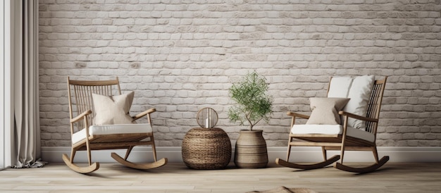 Foto gezellige opstelling met schommelstoel tapijt en mand tegen witte bakstenen muur