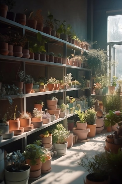 Foto gezellige plantenwinkel met veel potplanten op planken gegenereerd door ai