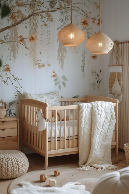 Gezellige Scandinavisch geïnspireerde kinderkamer met lichte houten wieg gebreide B interieur lay-out Creatief decor