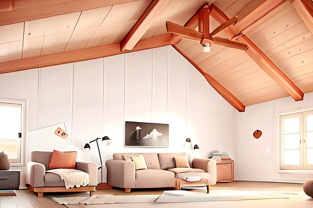 Gezellige Scandinavische zolderwoonkamer met minimalistische inrichting en stijlvol interieur