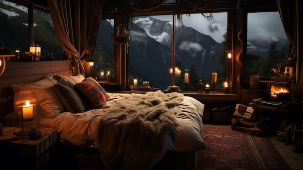 Gezellige slaapkamer in de bergen met een prachtig uitzicht op de bergen uit het raam en een warme, gezellige sfeer binnenin.
