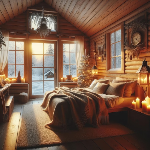 Gezellige slaapkamer in een houten huis winter buiten de ramen